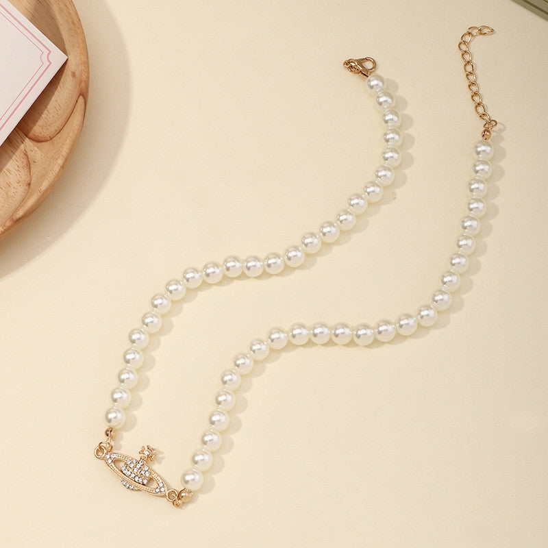 Creative Pop Temperament Pearl Necklace Diamond Planet Pendant Necklace