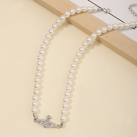 Creative Pop Temperament Pearl Necklace Diamond Planet Pendant Necklace